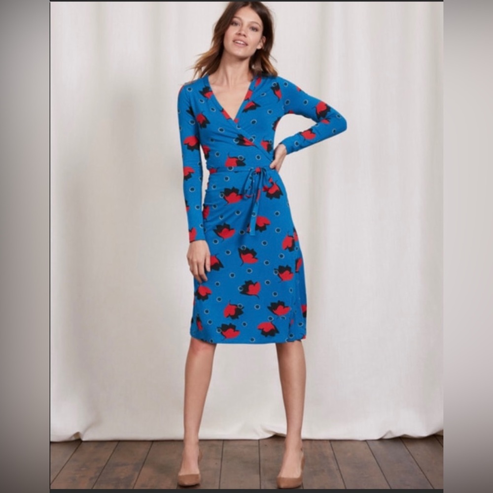 Boden Jacquard Floral blue Jersey Wrap Dress size S